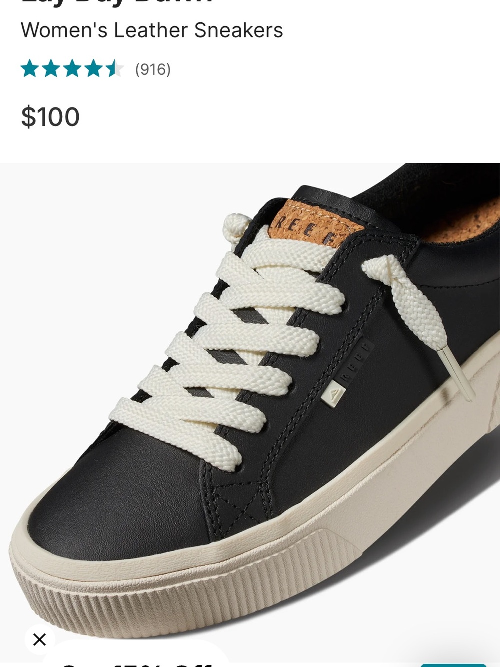Reef Women's Black Leather Sneakers with Cream Laces